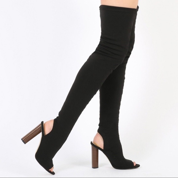 Shoes - Black thigh high peep toe boots with wooden heel